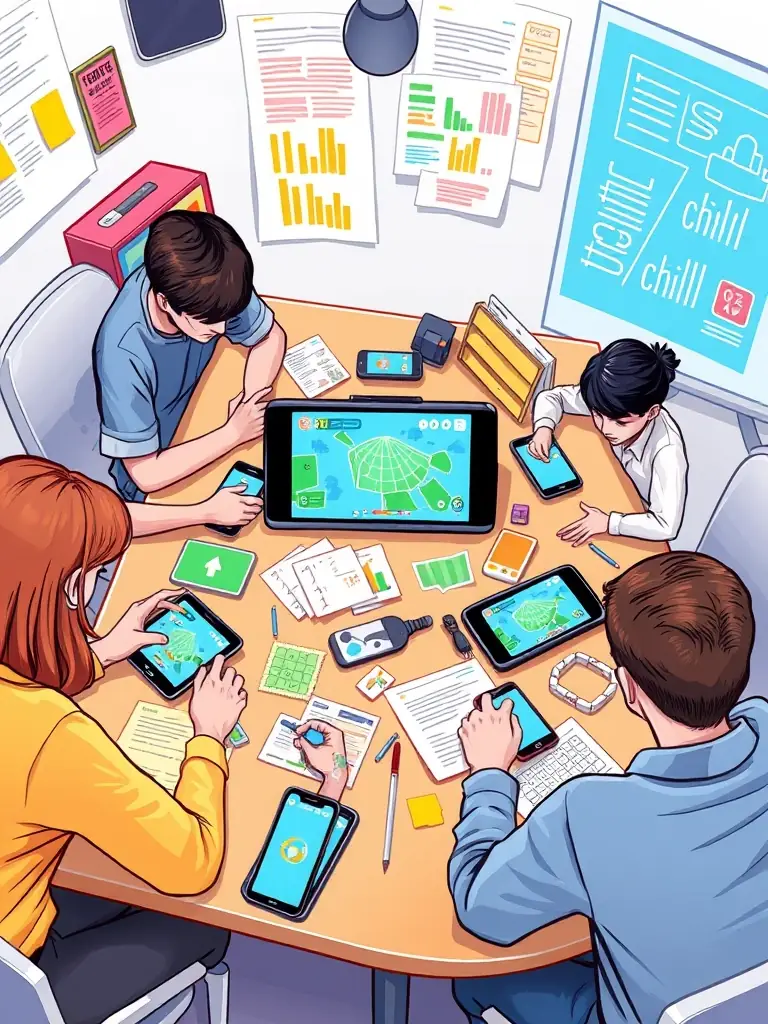 A screenshot of a mobile game developed by Up and Up Games undergoing rigorous testing, with various devices and testers providing feedback on gameplay and performance.