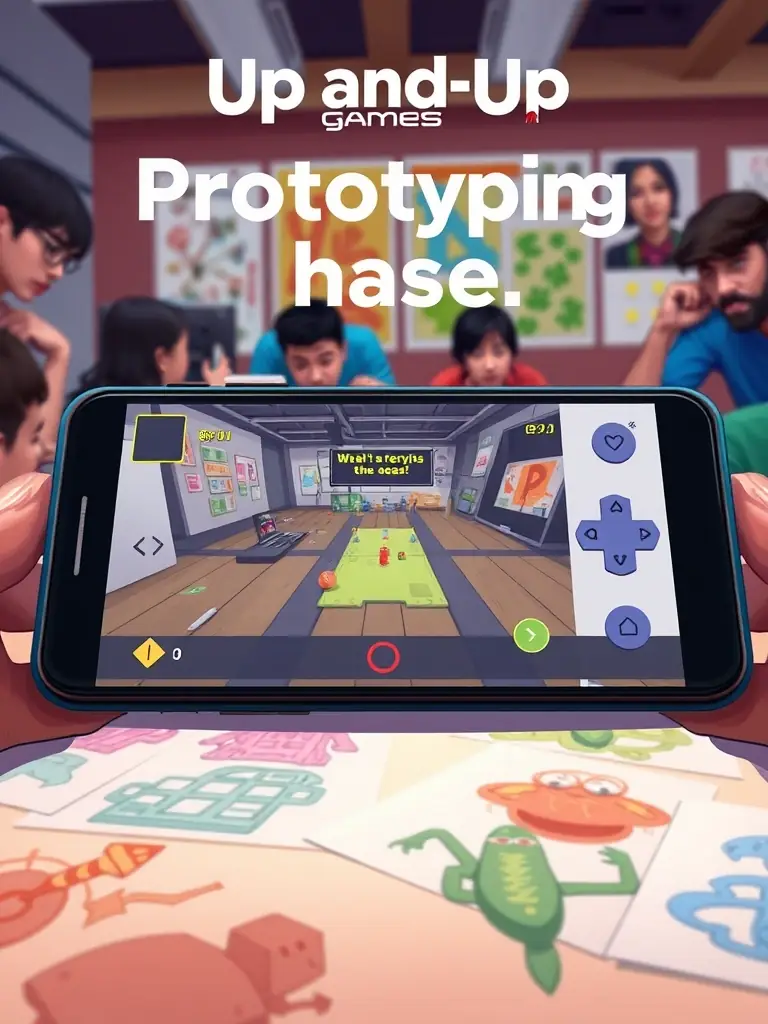 A digital image showcasing the prototyping phase of a mobile game at Up and Up Games, featuring a simple, playable version of the game being tested on a mobile device.