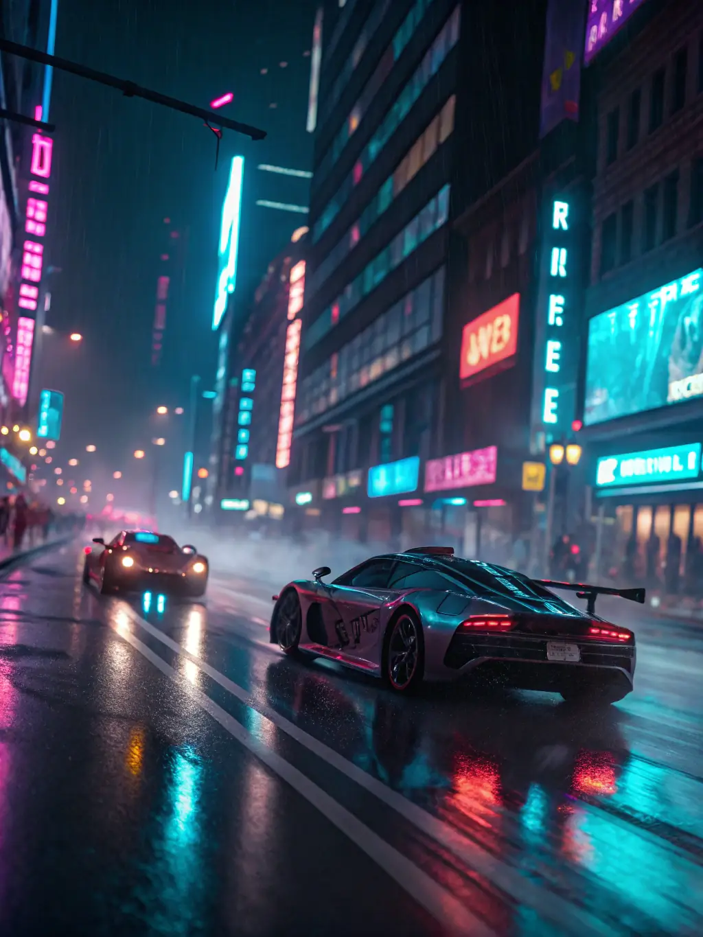 A visually appealing scene from a racing game, featuring a sports car speeding through a neon-lit city at night.