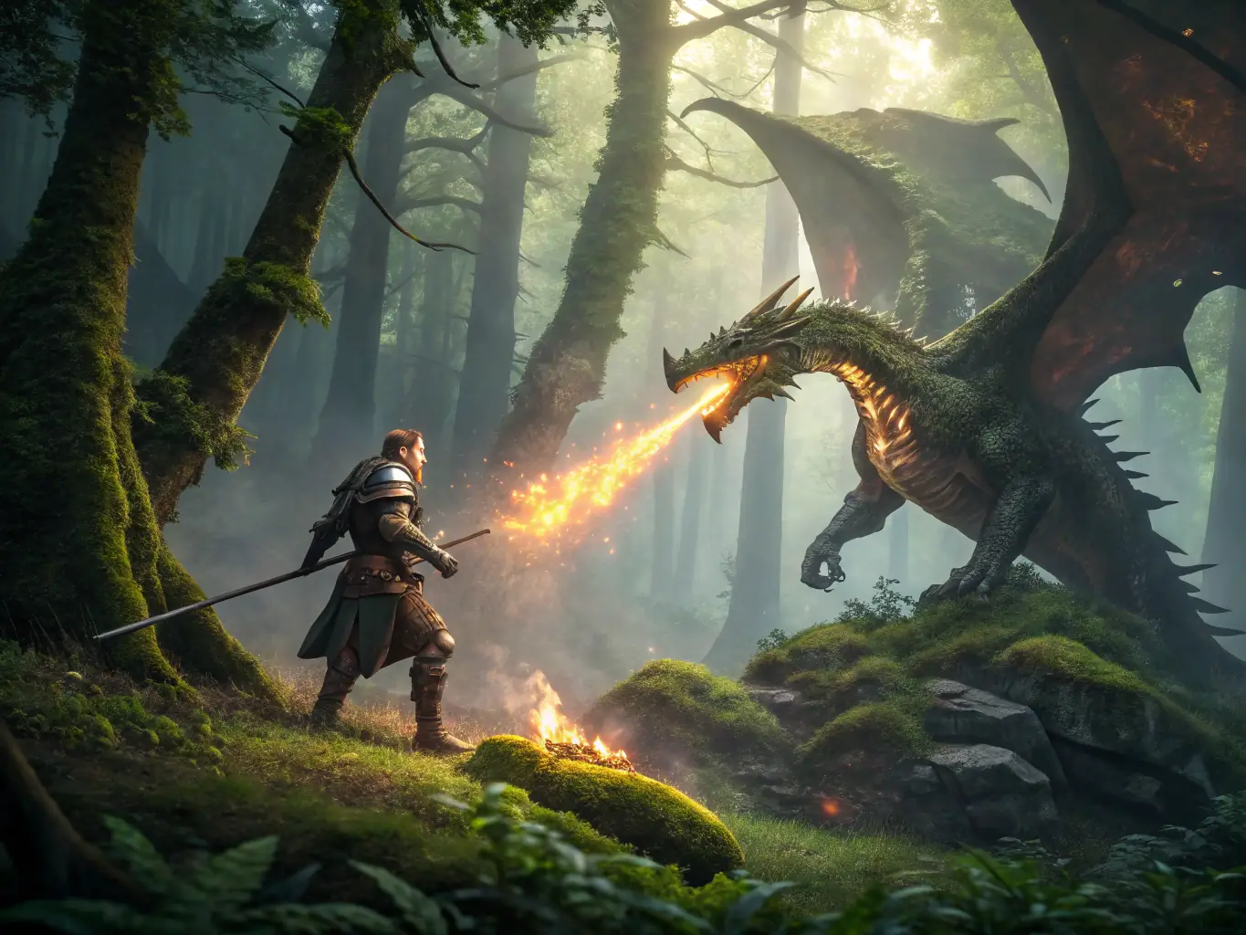 A vibrant scene from Adventure Quest showcasing a hero battling a dragon in a lush forest, with detailed character design and dynamic lighting.