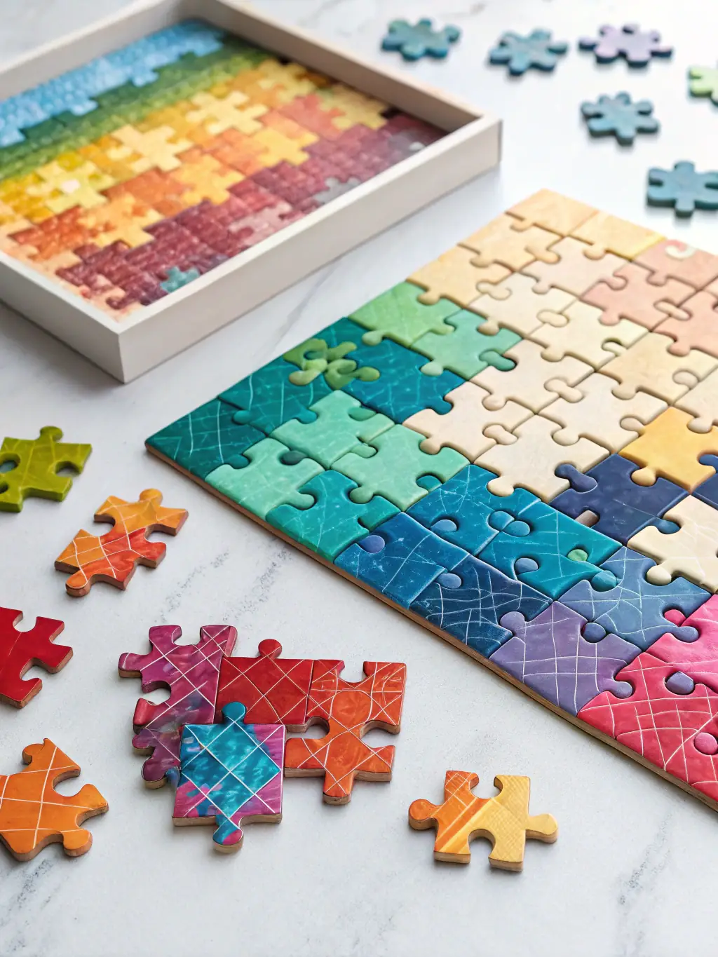 A colorful collage of different puzzles available in Puzzle Mania, including jigsaw, sudoku, and crosswords.