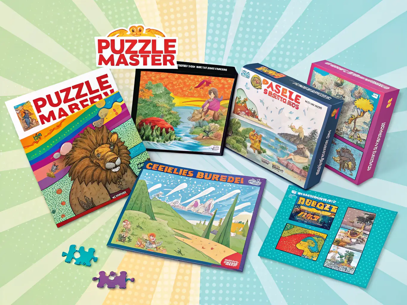 A colorful collage of different puzzles available in Puzzle Mania, showcasing a variety of shapes, colors, and challenges.