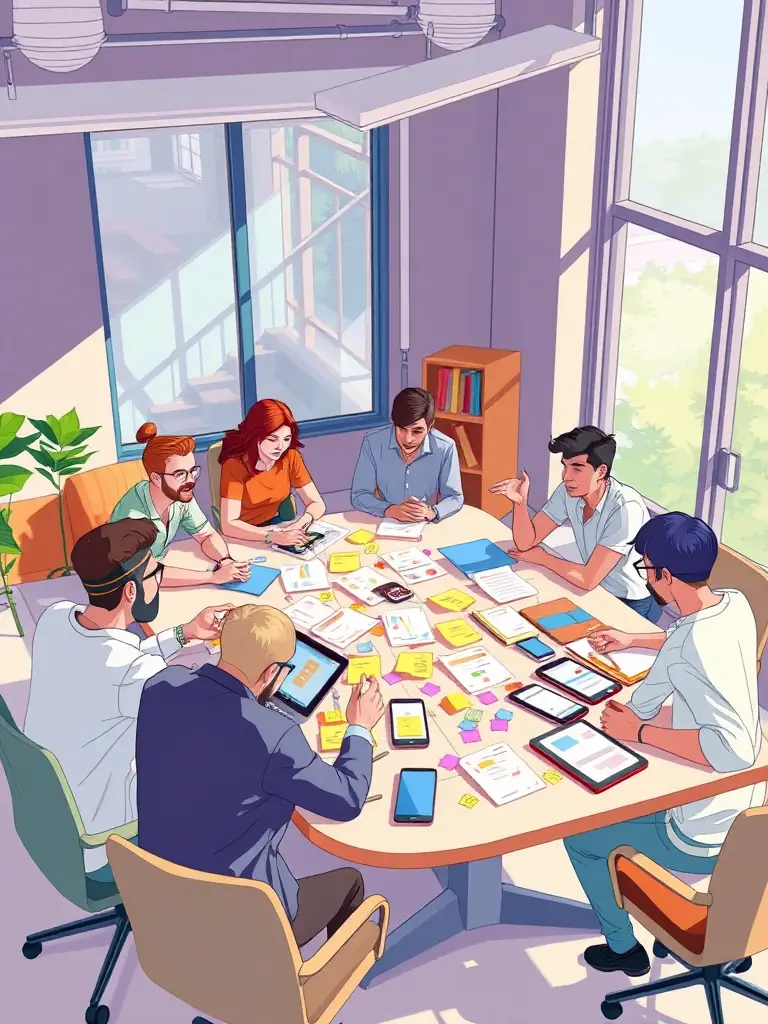 A digital illustration depicting a brainstorming session for a new mobile game at Up and Up Games, with team members sketching ideas and discussing concepts around a table filled with design mockups.