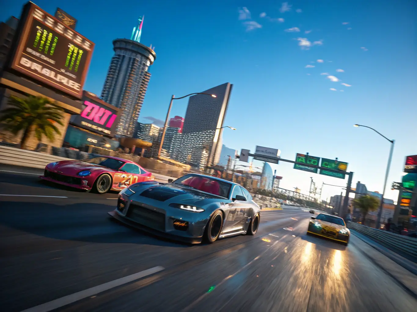 A dynamic screenshot from a yet-to-be-named racing game, showing a high-speed car chase through a neon-lit city at night. The image should convey the game's fast-paced action and stunning visuals.